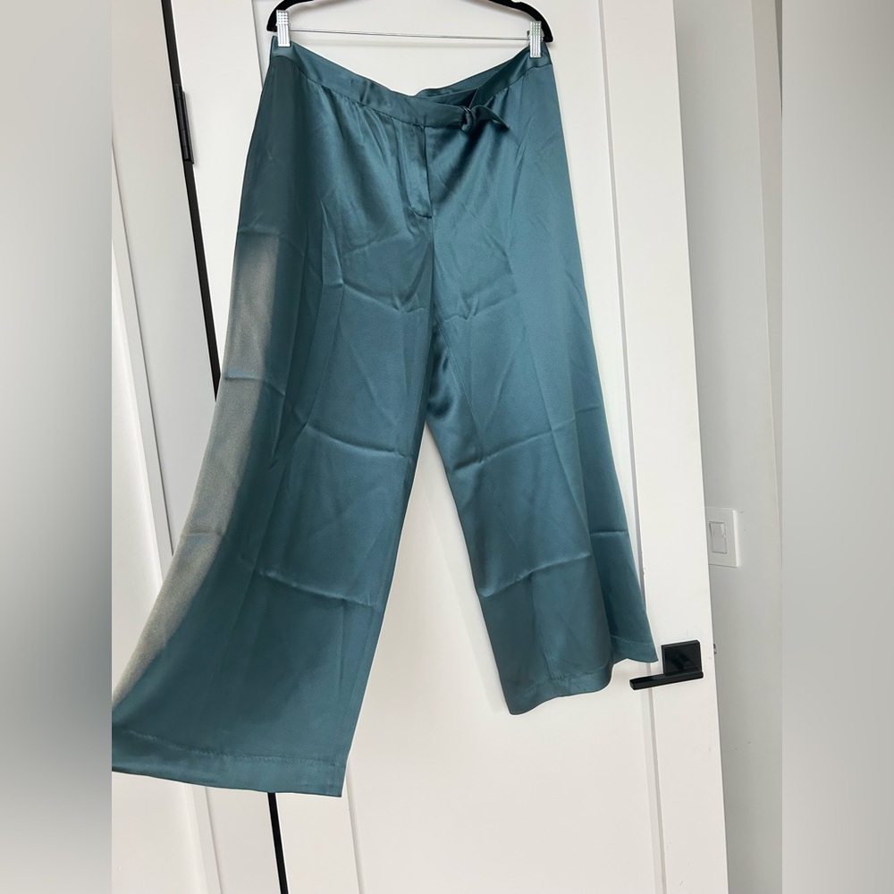 St John Teal Wide Leg Satin Pants